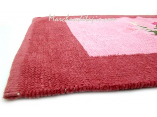 Tapis Chenille Rouge Rose et Fleurs 60cm x 90cm